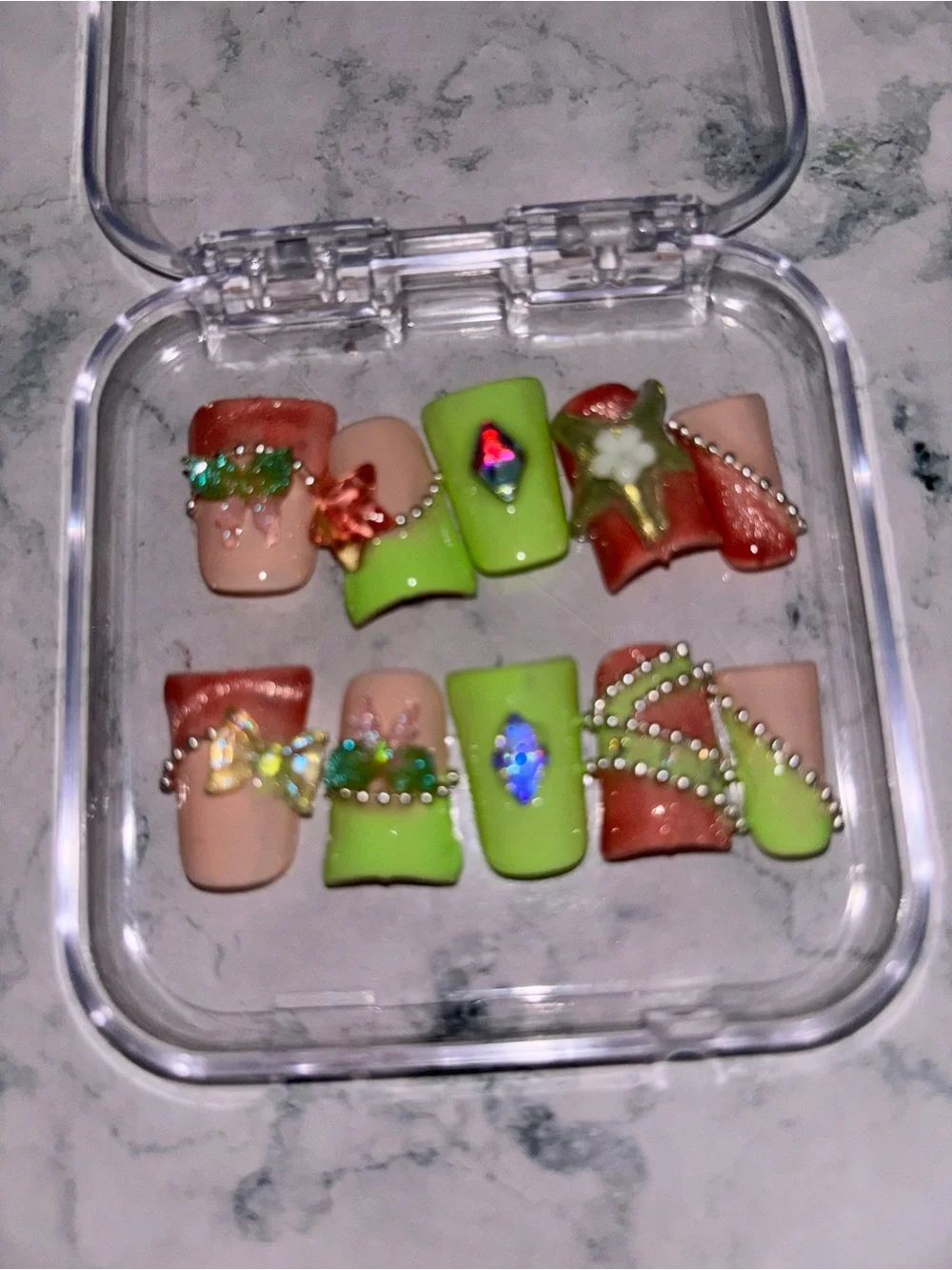 Handmade Neon Green & Peach Crystal Accent Press-On Nails